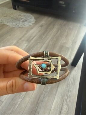 Leather Wrap Bracelet with Turquoise Accent - Brown
